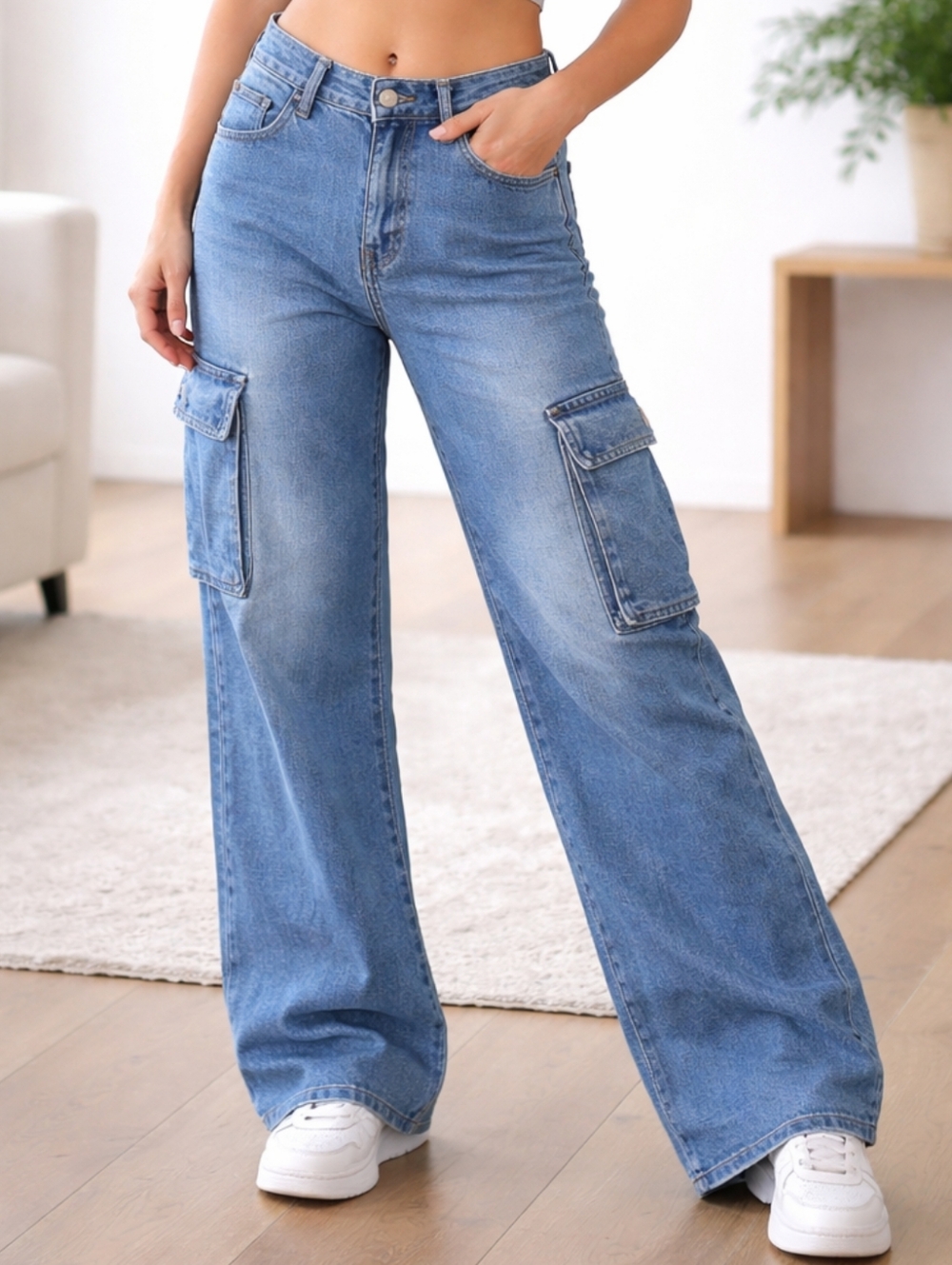1822 Wide Leg Baggy Cargo Jeans - Medium Blue Size US 4